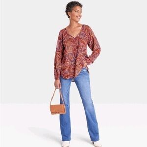 Women's Long Sleeve V-Neck Tunic Top - Knox Rose™ Red Paisley Size XXL